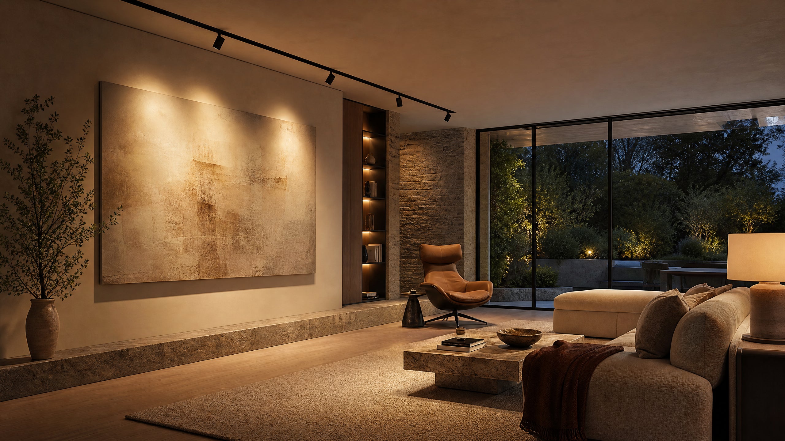 Warm architectural track lighting in a considered living space