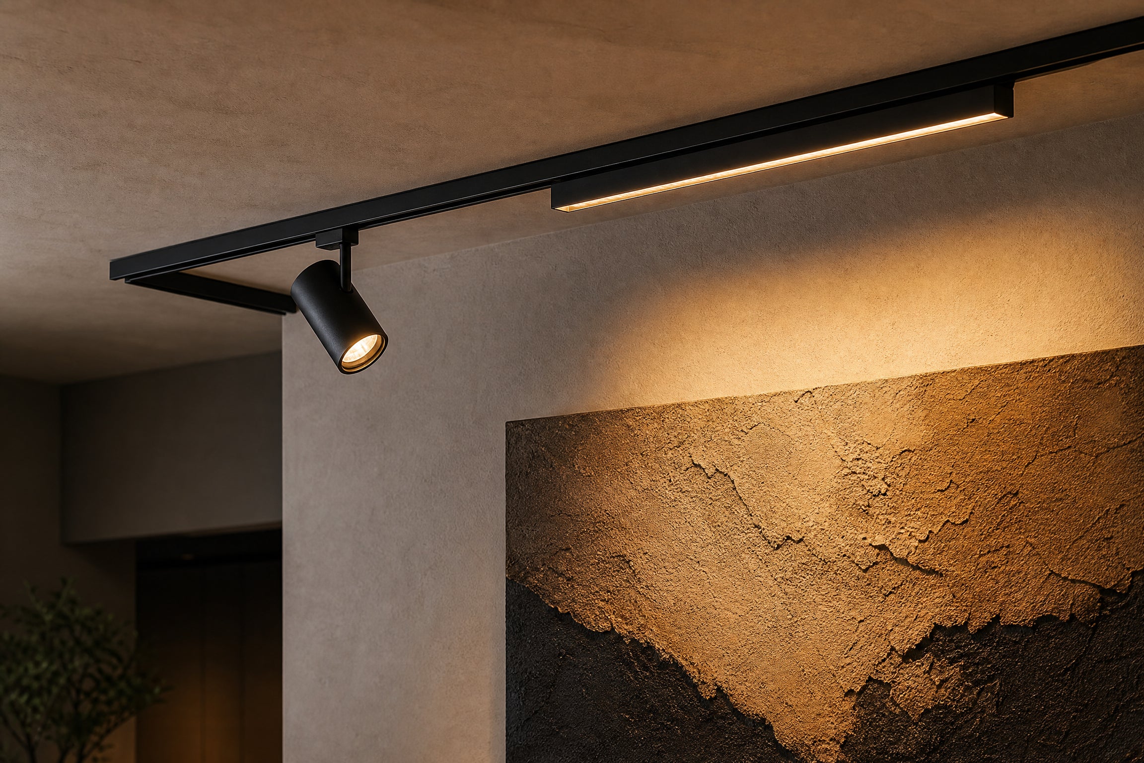 Black track lighting and linear module illuminating textured art